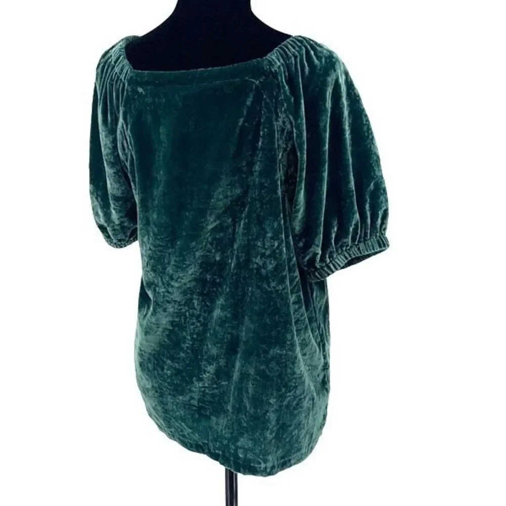 Loft Women's Puff Short Sleeves Sweetheart Neckline Velvet Blouse Top Green Size